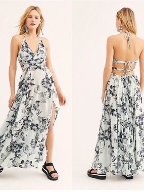 Free People Floral Maxi Dress Open Back Halter Boho Mint XS
